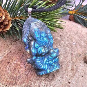 Nature Labradorite Flashy Carved Elephant God Ganesha Pendant Necklace